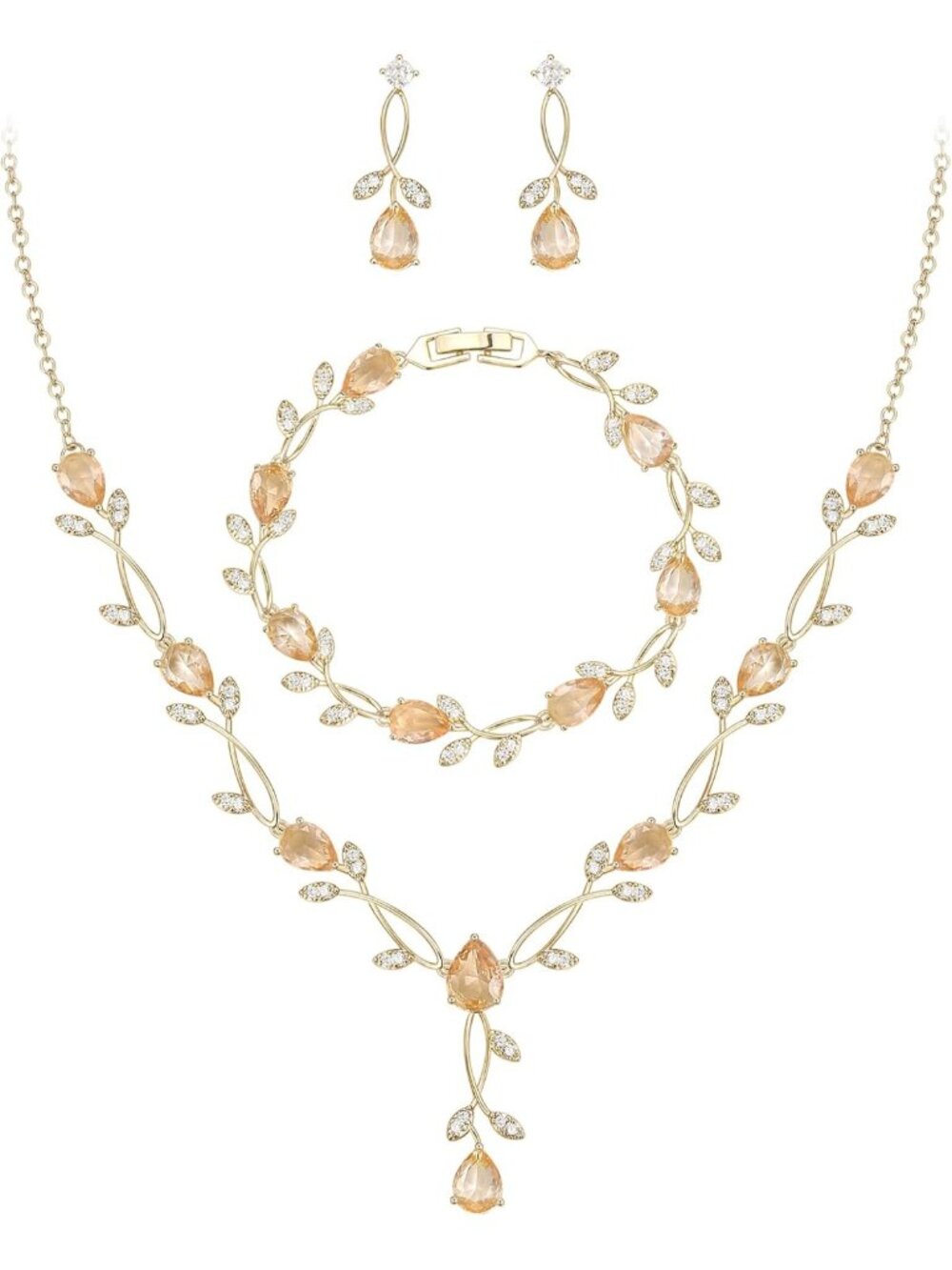 Elegant Pearl & Cubic Zirconia Leaf Bridal Jewelry Set for Women - Wedding